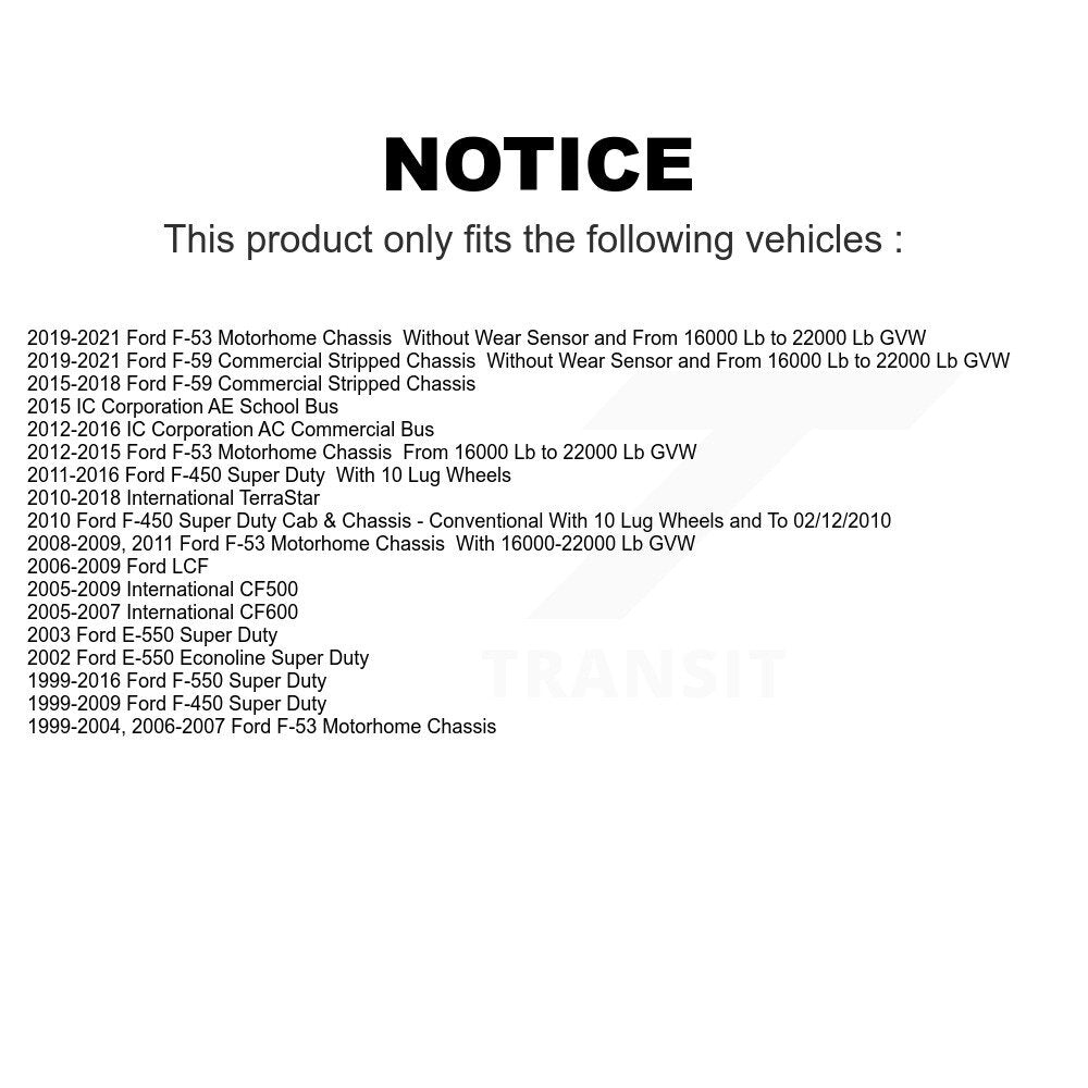 Front Rear Semi-Metallic Brake Pads Kit For Ford F-450 Super Duty F-550 F-59 Commercial Stripped Chassis International IC Corporation LCF CF500 CF600 TerraStar AE School Bus E-550 AC F-53 Motorhome Econoline KSM-100545