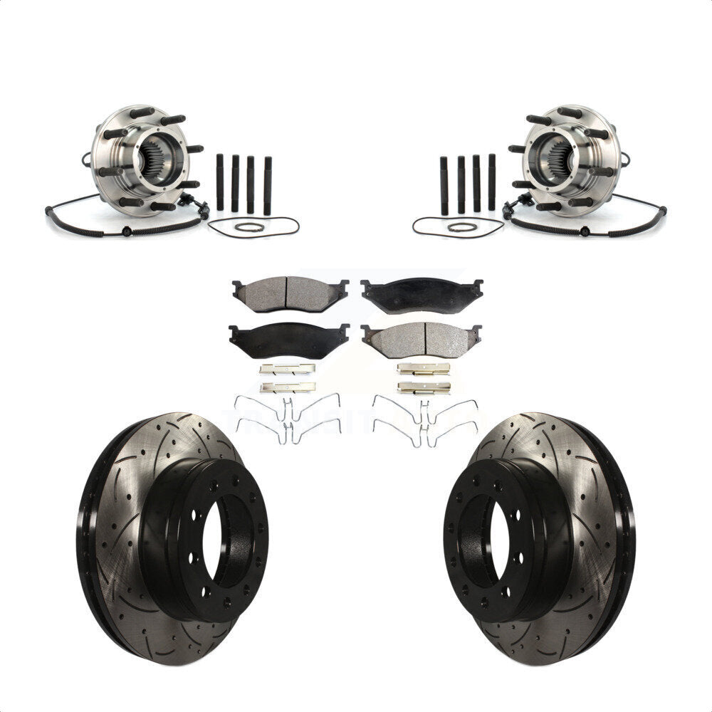 Transit Auto - Front Hub Bearing Assembly With Coated Drilled Slotted Disc Brake Rotors And Ceramic Pads Kit For 2010 Ford F-550 Super Duty 4 X Single Rear Wheels KBB-103395