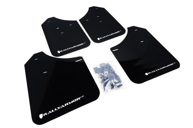 Rally Armor Front & Rear Mud Flaps – Black/White Logo – ’07 – 16 Mitsubishi Lancer DE, ES, GTS , SE, Ralliart Sedan