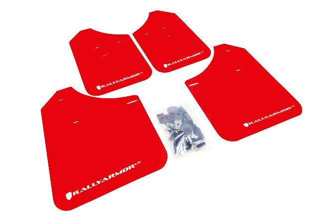 Rally Armor Front & Rear Mud Flaps – Red/White Logo – ’07 – 16 Mitsubishi Lancer DE, ES, GTS , SE, Ralliart Sedan